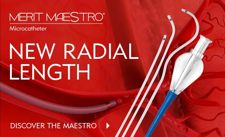 Image of a Merit Maestro microcatheter on top of a red image of a catheter in the vein, copy says "Merit Maestro Microcatheter, New Radial Length, Discover the Maestro"