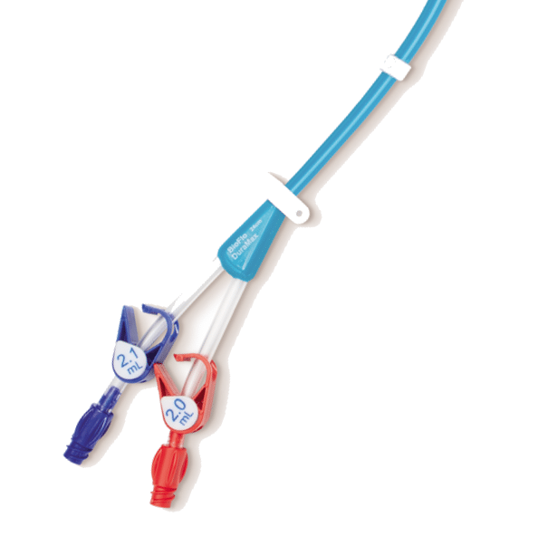Image of the BioFlo Duramax catheter ends - showing 2 measurements: 2.0 mL on the red hub, and 2.1 mL on the blue hub
